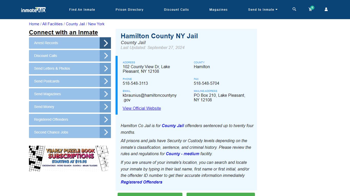 Hamilton County NY Jail - Inmate Locator